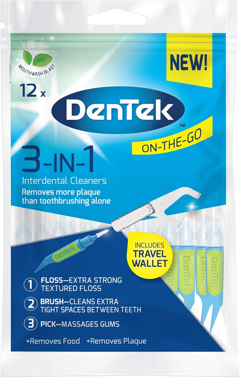 Dentek 3in1 Interdental Cleaners Brush, Floss and Pick for On The Go