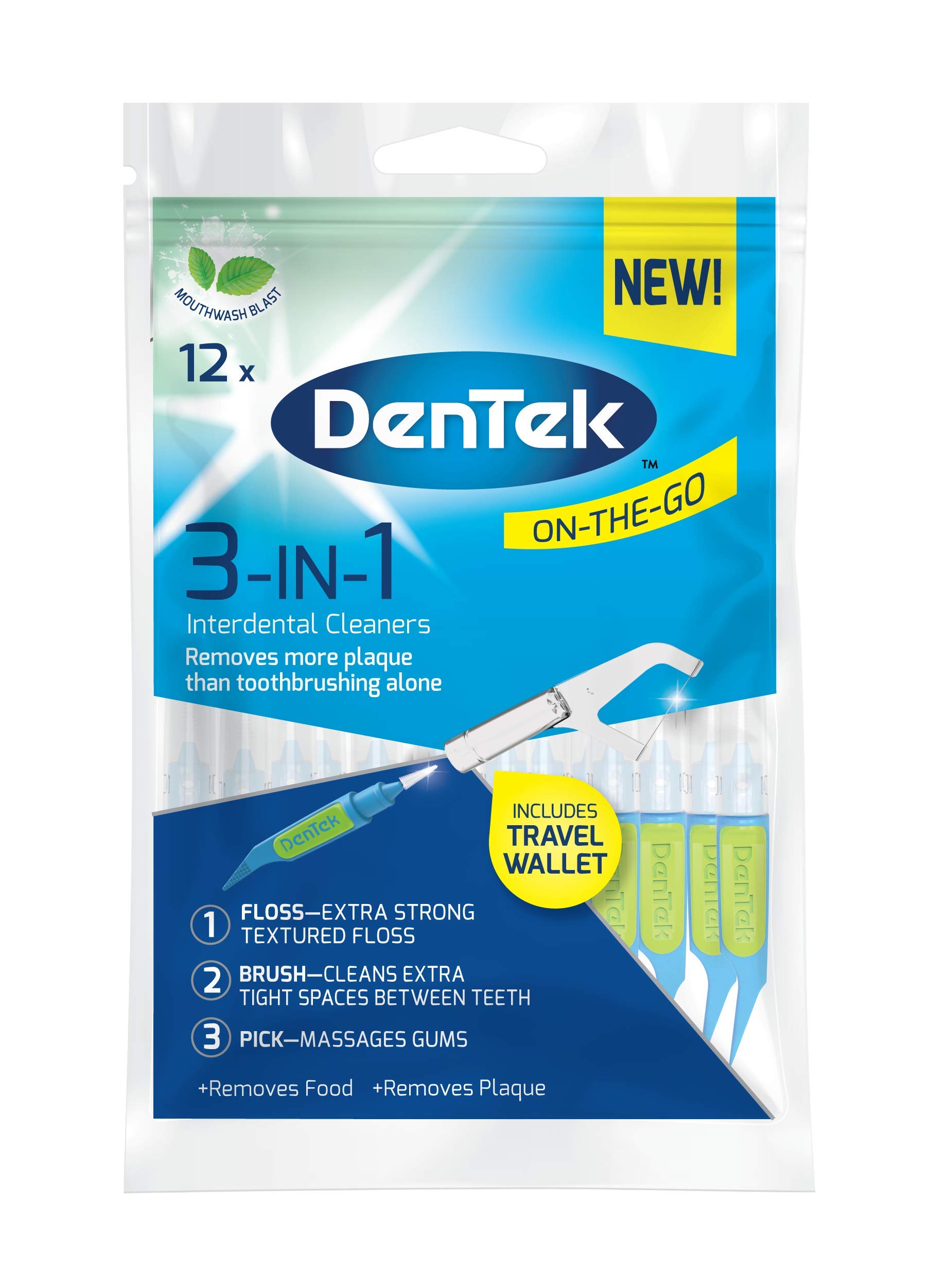 DenTek 3-in 1 Interdental Cleaners - Features an Interdental Brush, Floss and Pick All in One, 12 Pack
