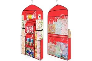 Woodoulogy Hanging Gift Wrapping Paper Storage, 48x24 (Extra Large) Red Double-Sided Christmas Wrapper Bag Container, Oxford Long Craft Roll Organizer, Present Wrap Holder for Closet, Door