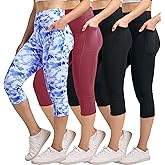 Real Essentials 4 Pack: Women's Capri Leggings with Pockets Casual Yoga Workout Exercise Pants (Available in Plus Size)