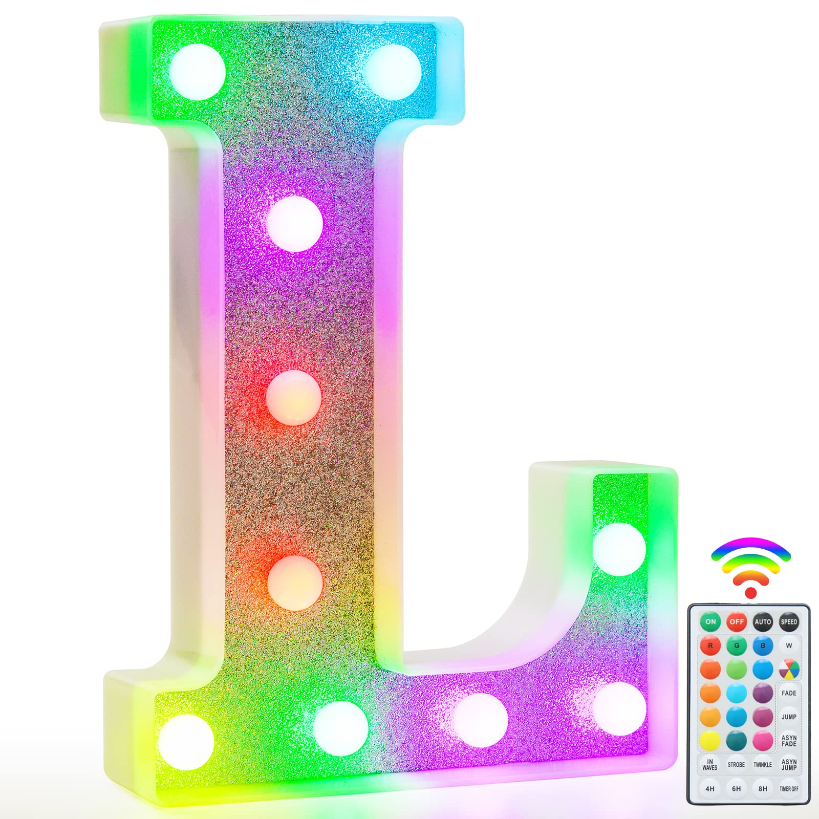 Colorful Light Up Letters, Glitter LED Letter Lights 18 Color Changing Shiny Alphabet Sign Gifts for Girls Women Party Birthday Decorations Remote Night Light Christmas Valentine Wall Table Decor - L