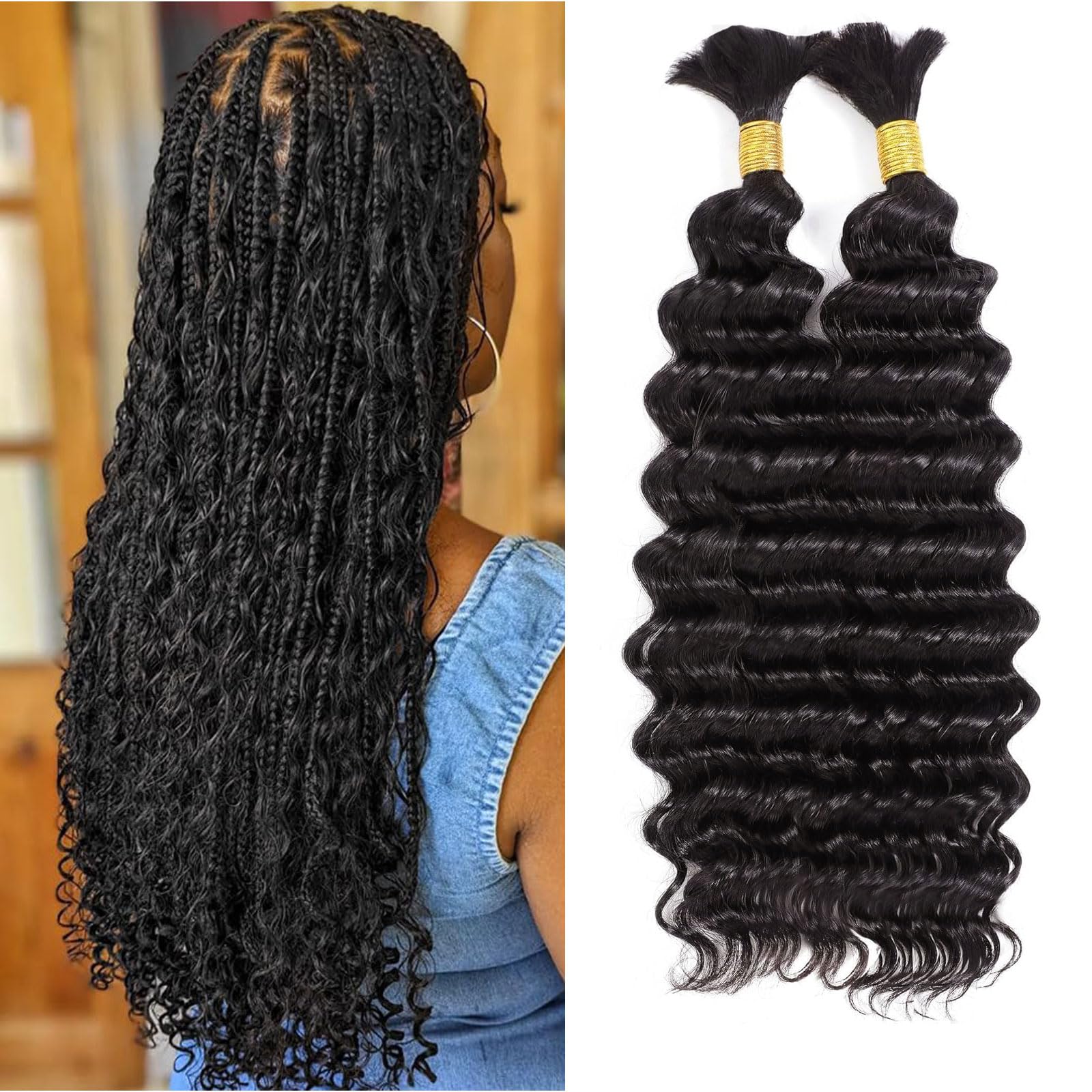 Huarisi Deep Wave Bulk Human Hair for Braiding 100g 14 inch No Weft Knotless Boho Braids Hair Natural Color Curly Human Braiding Hair Extensions (50g/bundle, 2 bundles a lot) — image 1