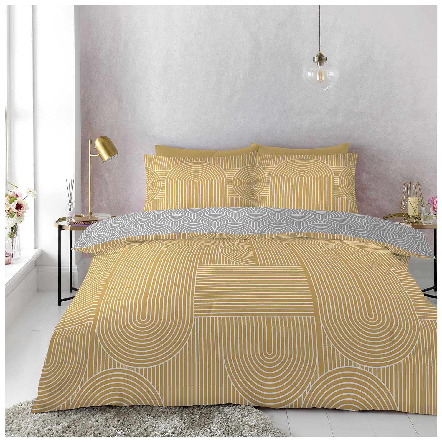 GC GAVENO CAVAILIA Reversible Duvet Quilt, Soft & Comfy Printed Set, Cosy Bed Covers, Polycotton, Arches-Ochre/Grey, King