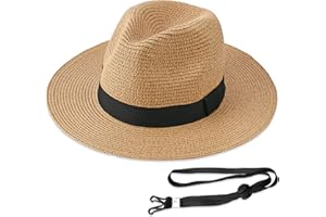 Straw Panama Hat for Women Men Summer Fedora Beach Sun Hat with Chin Strap Adjustable Foldable Floppy Wide Brim Hat
