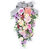 24-Inch Lighted Spring Peony Swag – Artificial Teardrop Wreath for Front Door, Porch, Wall, Window, Stair – Summer Peony Rose Decorative Swag for Home Decor