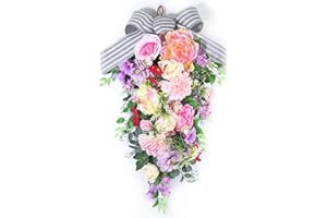 EKSEN 24-Inch Lighted Spring Peony Swag – Artificial Teardrop Wreath for Front Door, Porch, Wall, Window, Stair – Summer Peony Rose Decorative Swag for Home Decor
