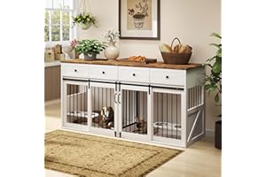 Real Relax Large Dog Crate Furniture, 71” Multi-Purpose Dog House w/Double Rooms, Divider and Sliding Barn Door, Steel Frame 