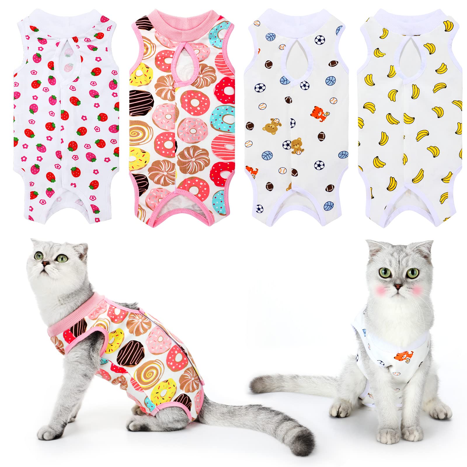 4 Pieces Cat Recovery Suits Cotton Recovery Body Wraps Breathable Kittens Recovery Clothes for Cats Small Dogs Abdominal Recovery Weaning (Banana, Football, Strawberry, Donut,S)
