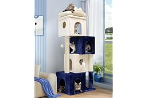 Globlazer FC61 Cat Condos for Indoor Cats Large Adult Cat Tree 61-inch Cat Climbing Tower with 4 Cat Condos Cat Climbers for Indoor Large Cats, White Blue