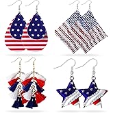 Hicarer 4 Pairs American Flag Earrings for Women Independence Day Patriotic Drop Dangle Earrings 4th of July Pendant Teardrop Tassel Rhinestone Holiday Gifts