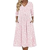 Zeagoo 3/4 Sleeve Women's Dress Casual Midi Tshirt Dresses with Pockets Empire Waist Summer Semi-Formal Boho Beach Sundress