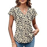 LOMON Womens Tops Dressy Casual Summer Flutter Sleeve T-Shirts Trendy Ruffle Short Sleeve Loose V-Neck Tunic Tops