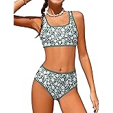 NECIOUS Teen Girls Swimsuits Two Piece Sporty Bikini Sets Color Contrast Trim Adjustable Straps Swimsuit with Chest Pad
