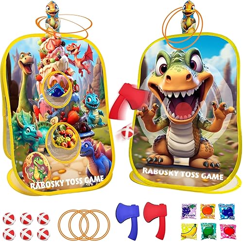 4-in-1 Dinosaur Toddlers Outdoor Activities Toss Games Toys, Birthday Christmas Party Gifts for Boys 3 4 5 Year Olds, Backyard Outside Kids Fruit Bean Bags Axes Rings Sticky Balls Throwing Toys