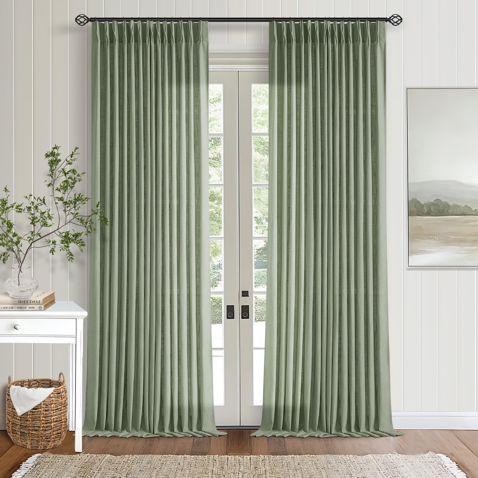 Photo 1 of Green Linen Semi Sheer Curtains 90 Inches Long for Living Room Bedroom Light Filtering Sage Green Textured Burlap Pinch Pleated Curtains 90 Length Hooks Rings Back Tab for Sliding Door 2 Panels