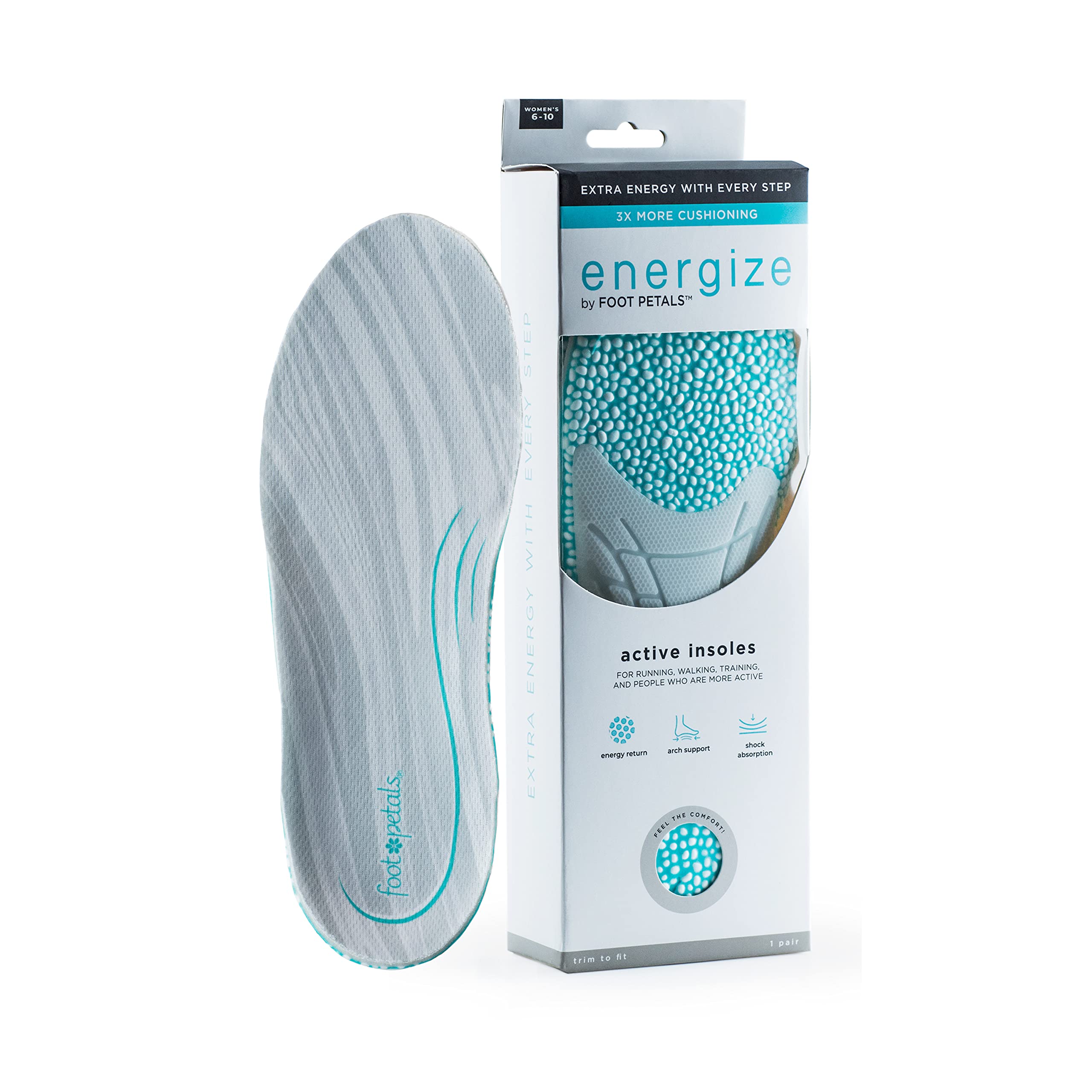 Foot Petals Unisex-Adult Energize Athletic Full Length Insoles, Grey, 1 Pair