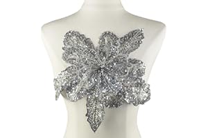 Carytalee 1PC 3D Lace Sequin Beaded Flower Sew on Embroidered Lace Applique Trim DIY Sewing Patch Wedding Dress Applique Decoration, Silver, 11.8 x 11 Inch