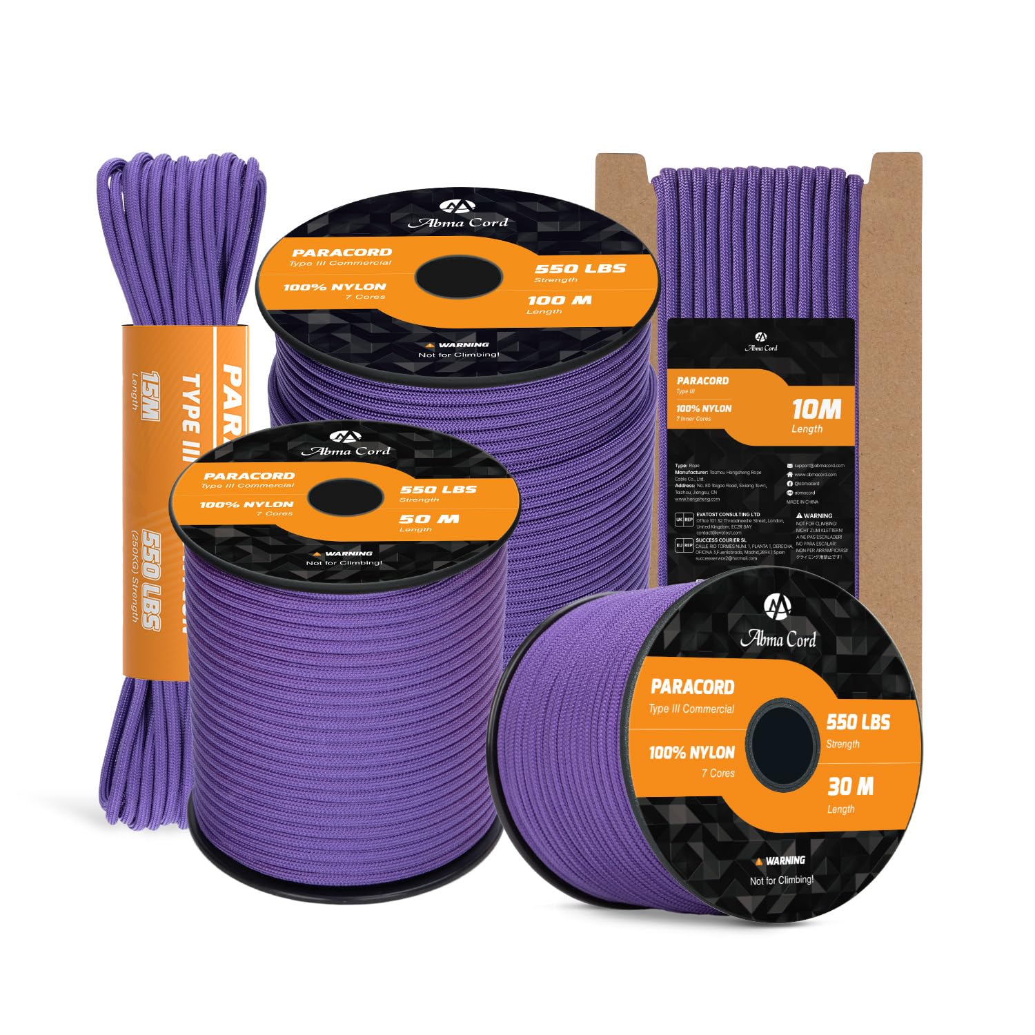 Abma Cord Paracord 550 4mm 15m 100% Nylon Rope Type III 7 Strands Parachute Cord for DIY, Camping, Survival, Outdoor - Max. 250kg - Purple