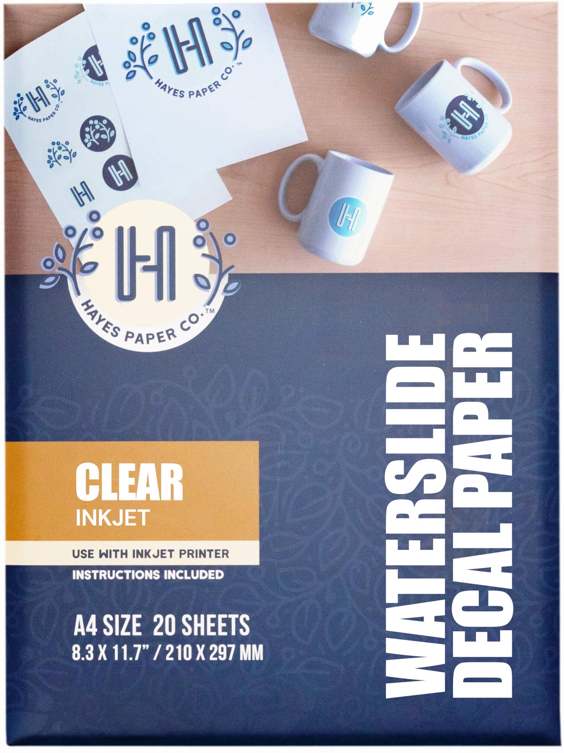 Hayes Waterslide Decal Paper for Inkjet Printers – 20 Clear A4 Sheets (8.25 x 11.7) | Quick Dry, Strong Adhesion, Easy Application | Premium Transfer Paper 200gsm for DIY Crafts
