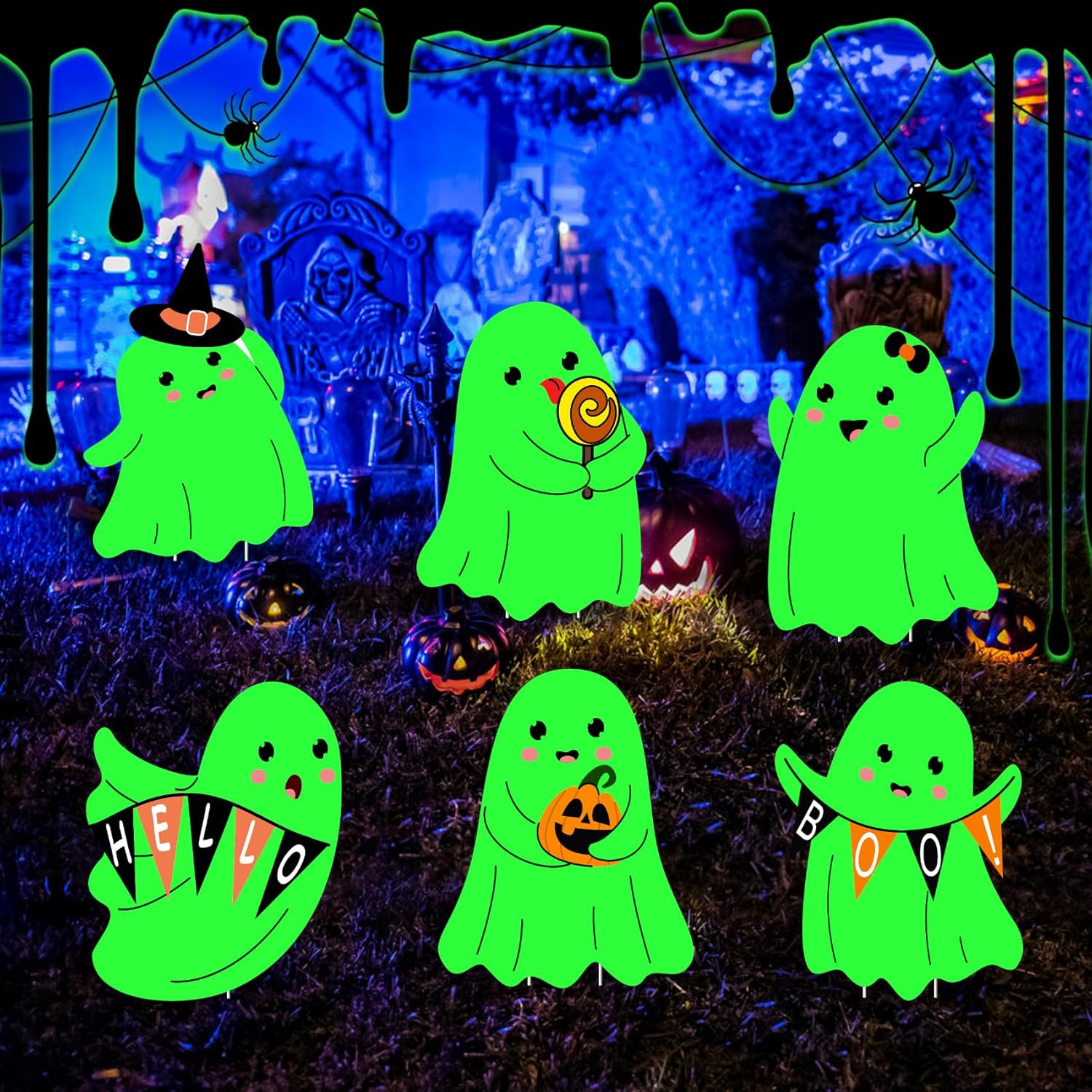 Yard Signs - 6 PCS Halloween Yard Signs,Ghost Garden Signs Spooky Outdoor Decor Halloween Glow in the Dark Lawn Signs with Stakes for Halloween Party Home Holiday Pathway Garden Sign