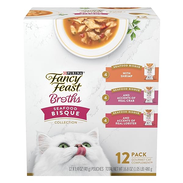 PURINA FANCY FEAST BROTHS SEAFOOD BISQUE COMPLEMENT LICKABLE GRAIN FREE WET CAT FOOD VARIETY PACK – (PACK OF 12) 1.4 OZ. POUCHES