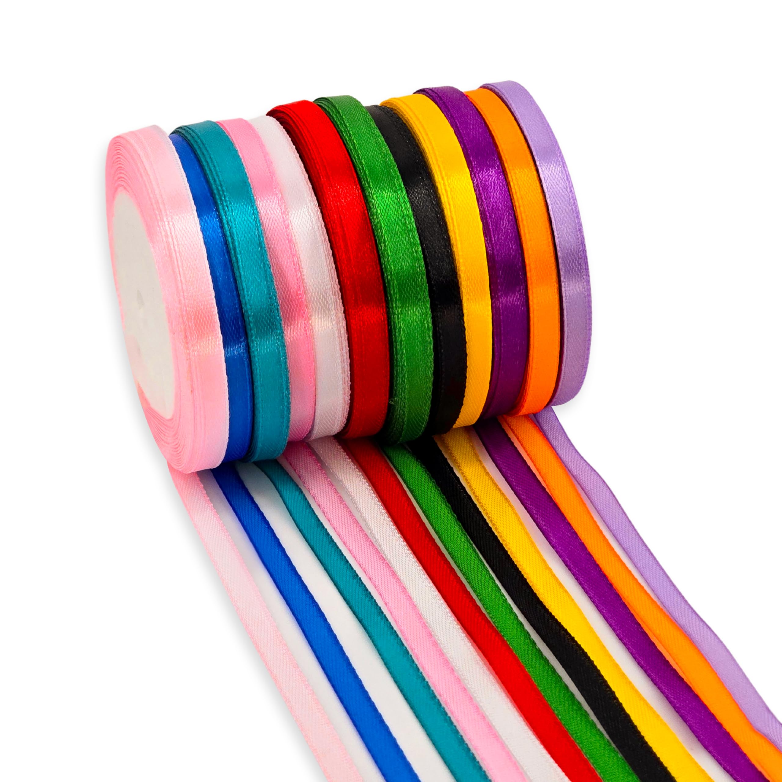 Pack of 12 Multicolor Satin Ribbons for Crafting (Each 6mm X 22m) Thin Ribbon for Crafting, Hair Ribbons, Thick Ribbon Set, Silk Ribbons for Hair, Coloured Ribon for Sewing, Fabric Satin