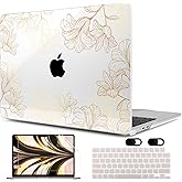MEEgoodo Case for MacBook Air M4/M3/M2 13.6 inch 2025 2024 2022, Fit Model A3240 A3113 A2681, Compatible with MacBook Air 13 inch, Laptop Hard Shell Case with Keyboard Cover, Drawn Golden Floral