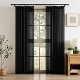 FAPLIGLISY Black Pinch Pleat Semi Sheer Curtains 40x84 Inch 2-Panel | Premium Textured Polyester, Back Tab with Hooks, Light Filtering Privacy, Boho Farmhouse for Living Room Bedroom Decor