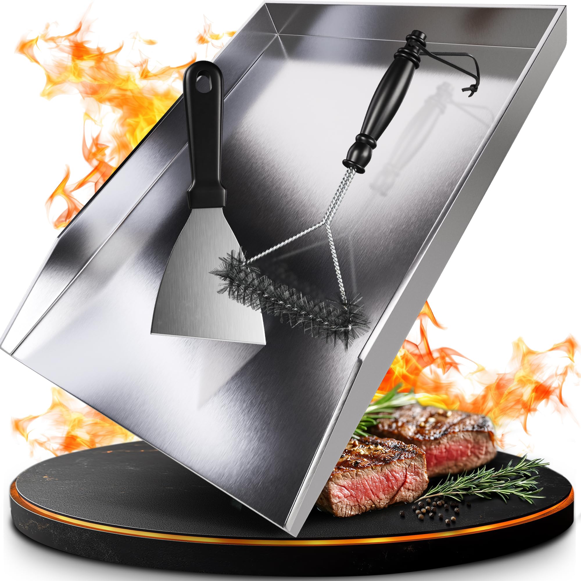 valuents Stainless Steel Plancha Grill Plate, 30 x 20 cm, Rectangular, Brushed Silver, Includes Brush & Spatula