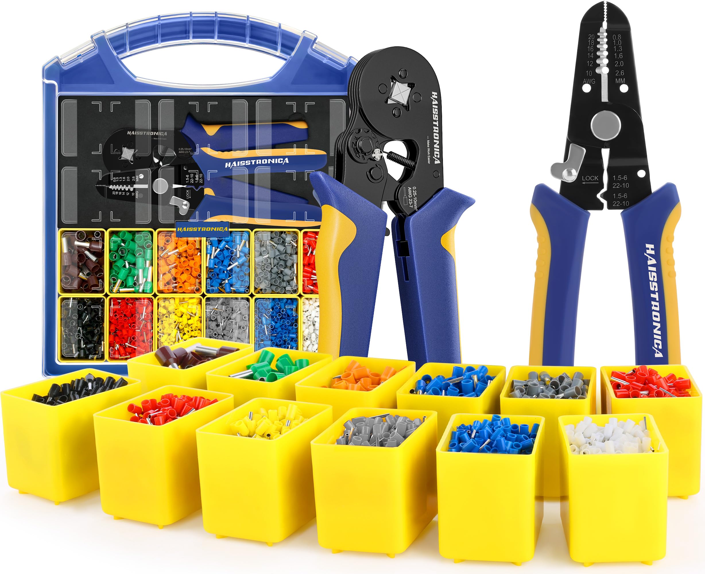 Haisstronica Ferrule Crimping Tool Kit - AWG 23-7 Wire Ferrules Crimper with 2500pcs Terminals AWG 22-7 and Wire Stripper