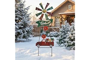 TERESA'S COLLECTIONS Outdoor Christmas Decor for Home, Metal Christmas Yard Stakes Wind Spinner Welcome Sign for Xmas Garden Decorations, Rustic Poinsettia Windmill for Lawn Patio Holiday Party, 26"