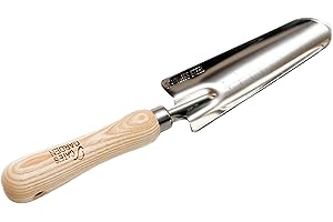 CATE'S GARDEN Garden Transplanter Trowel – Cate’s Garden Premium Transplanter Tool for Digging and Planting - Heavy Duty Stainless Steel, Smooth Vintage Style Natural Ash Wood Handle and Leather Strap