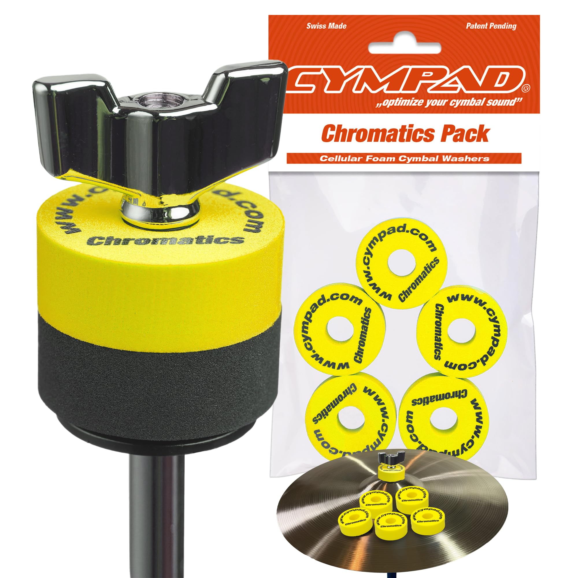 Cympad Yellow Chromatics Foam Cymbal Pad Set - High-density memory foam washers to improve sound and durability, suitable for all cymbal stands - 40/15mm.