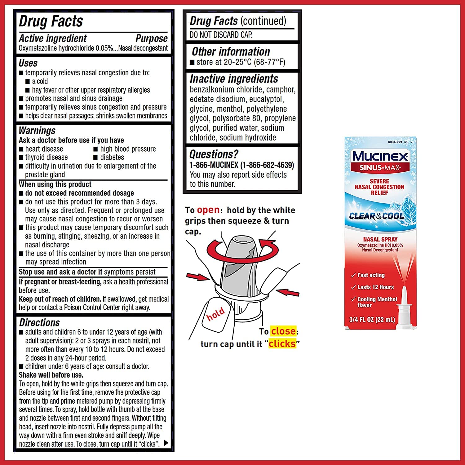 Mucinex Nasal Decongestant Spray, Sinus-Max Severe Nasal Congestion Relief Clear & Cool Nasal Spray, Lasts 12 Hours, Fast Acting, Cooling Menthol Flavor, Packaging May Vary, 0.75 Fl Oz (Pack of 4)