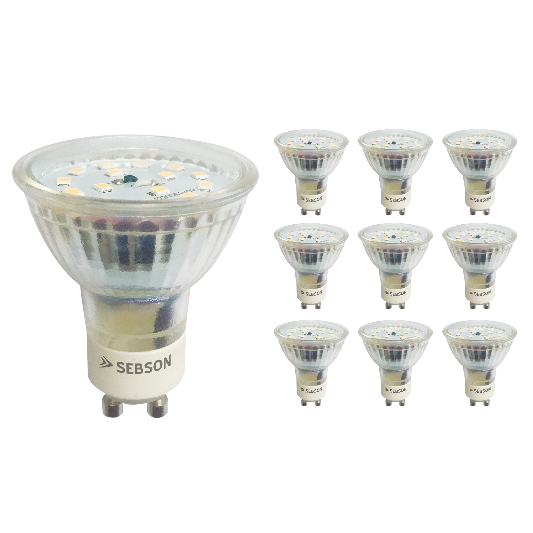 SEBSON® Ra95 Series + Flicker-Free, 10x GU10 LED 5W dimmable, Warm White (3000K), 30W Replacement for Halogen Bulbs, 230V Light Bulbs