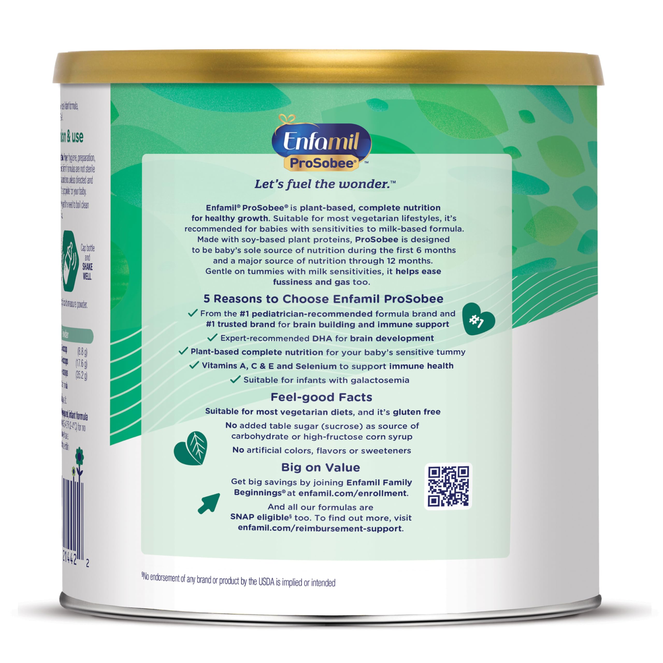 Enfamil Prosobee Plant based Baby Formula, for Sensitive Tummies, Soy-based Plant Sourced Protein, Vitamins for Immune Support, Lactose-free, Milk free, Gluten free, 20.9 Oz Can