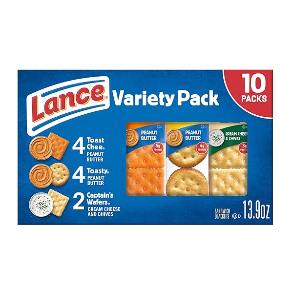 LANCE SANDWICH CRACKERS, VARIETY PACK, 3 FLAVORS, 10 INDIVIDUALLY WRAPPED PACKS, 6 SANDWICHES EACH