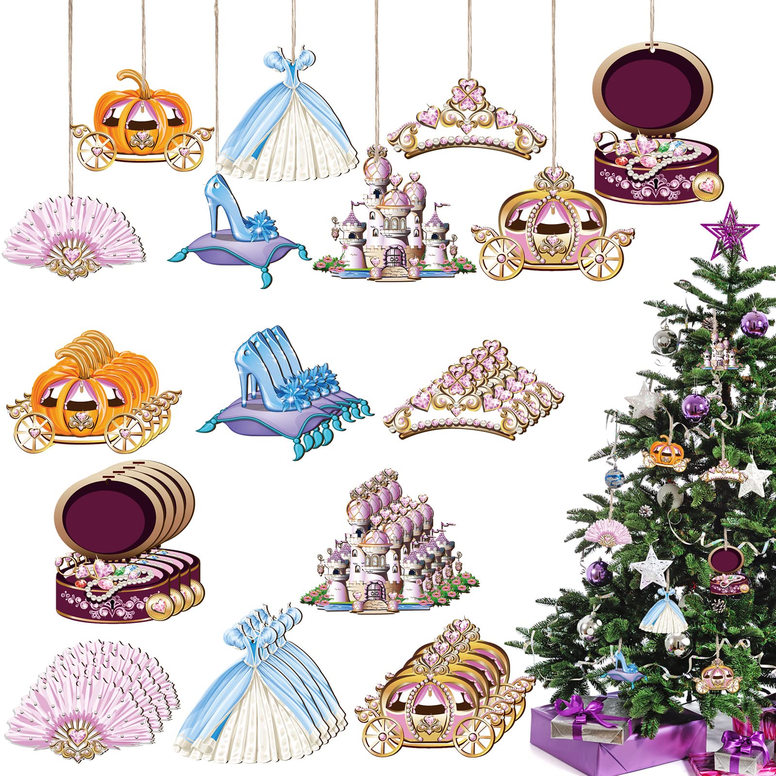 Photo 1 of 32 Pcs Princess Christmas Ornaments Princess Party Wood Hanging Decorations Pumpkin Carriage Castle Dress Wooden Cutouts Decor for Christmas Boy Girl Baby Shower(Elegant Style)