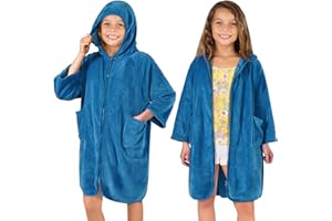 SUN CUBE Hooded Towel Robe for Kids, Zip Up Swim Parka Beach Cover Up for Girls Boys, Surf Poncho Changing Bath Towel 7-10