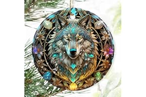 DODOSKY Colorful Ceramic Wolf Christmas Ornament, Wolf Ornaments for Christmas Tree, Holiday Decorations, Christmas Decor, Wolf Lovers, Wolf Gifts, Christmas Ornament Gift Ideas