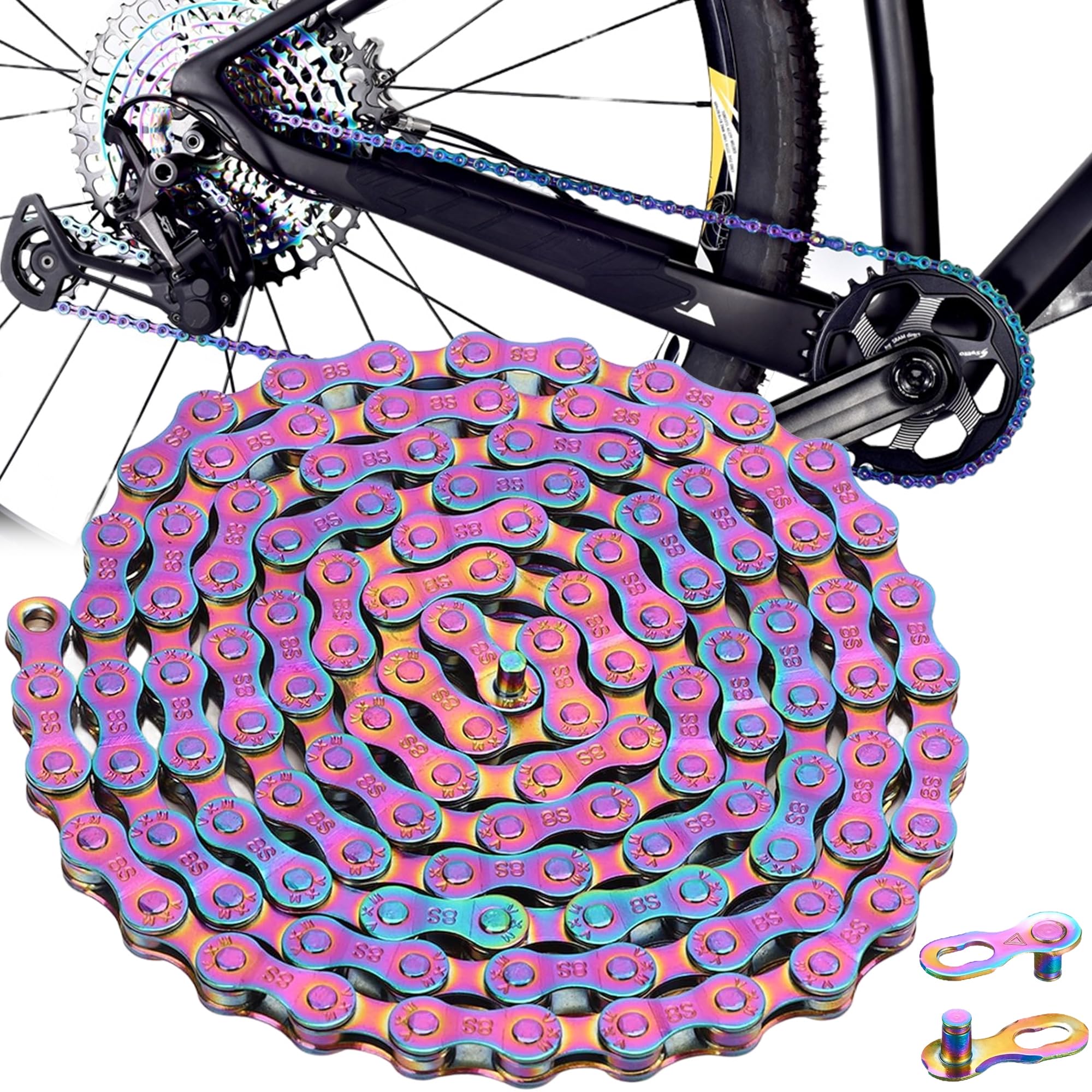 SQAQS 6-8 Speed Bicycle Chain with Rainbow Connector - Rust Proof Colorful Electroplating Carbon Steel for Road Mountain Bike