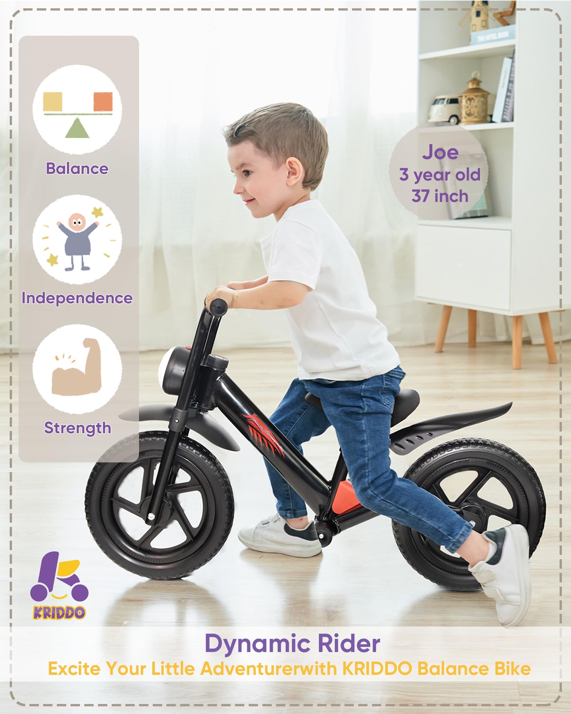 KRIDDO Kids Balance Bike for 2-5 Years, with Front Light, Upgraded Tires for All Terrain, Upgraded Bearing for Smooth and Stable Riding, Front and Rear Fenders, Adjustable Seat