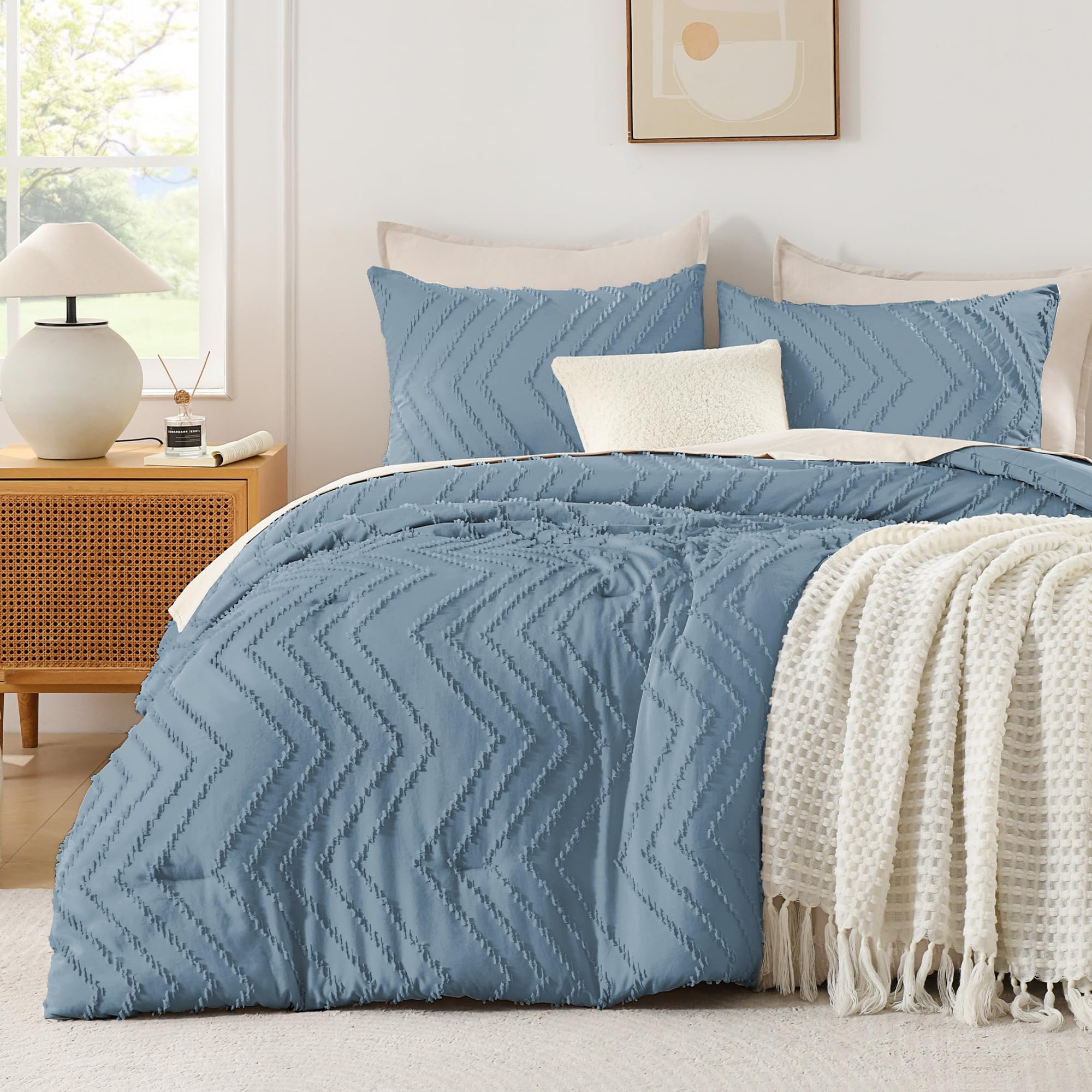 Andency Greyish Blue Comforter Set Full Size, Boho Soft Warm Tufted Bedding Comforter Sets for Full Size Bed, 3 Pieces Aesthetic Chevron Farmhouse Cute Bohemian Textured Bed Set Image