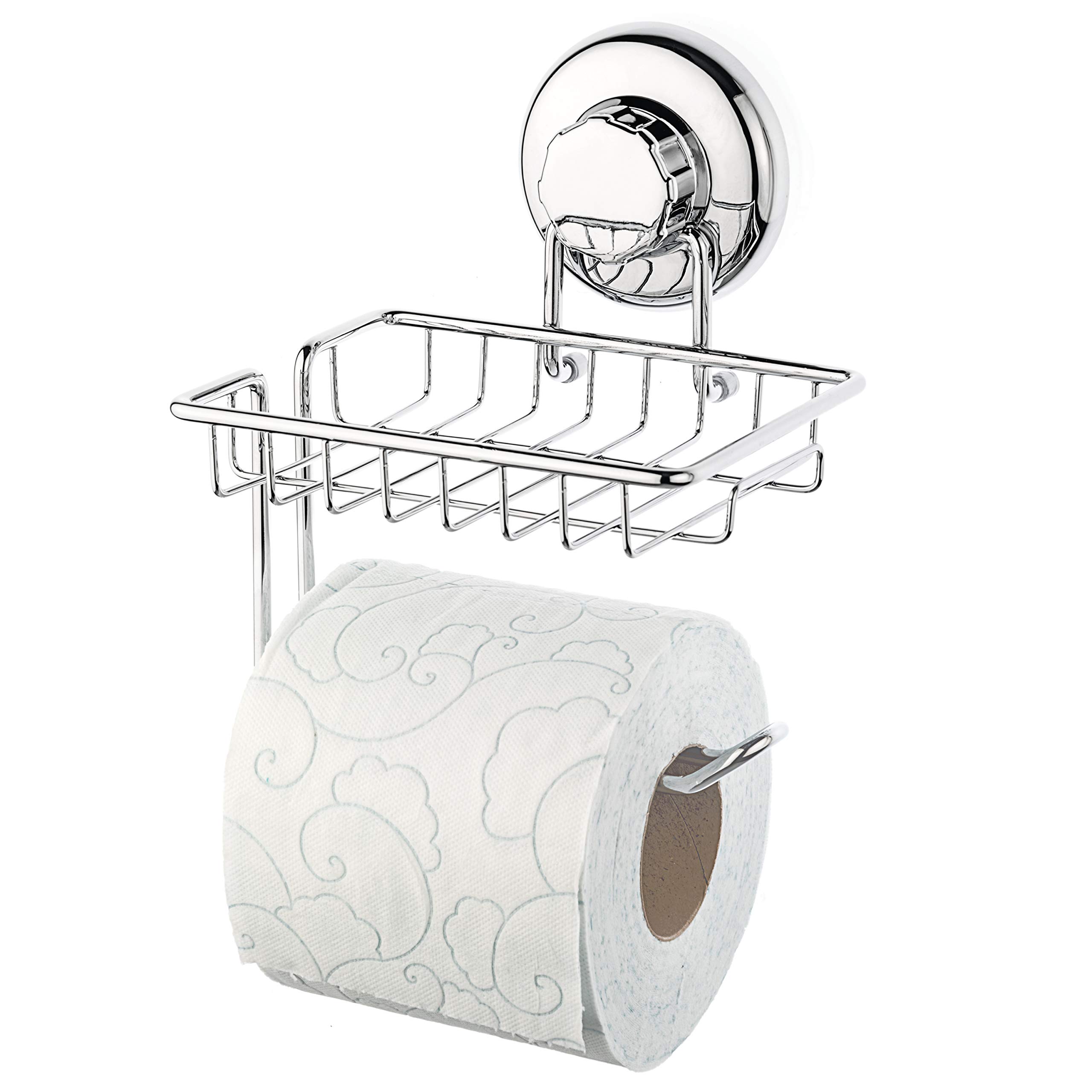 HASKO accessories Suction Cup Toilet Paper Holder with Shelf, Stainless Steel SS304 Toilet Paper Roll Holder, Wall Mount Tissue Roll Dispenser for Bathroom Kitchen (Chrome)