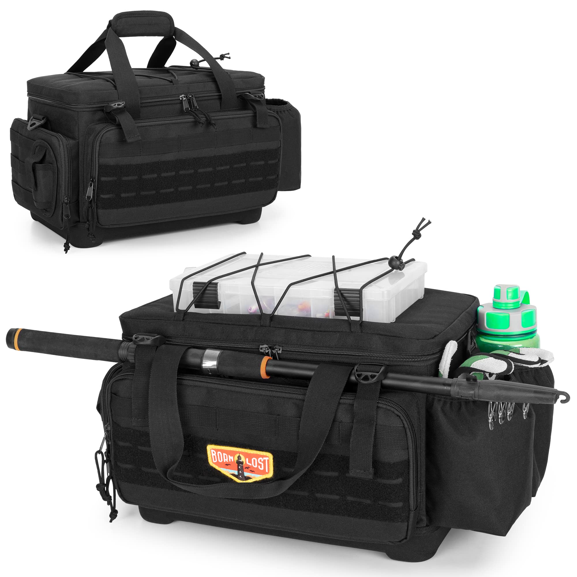 GOBUROS Fishing Tackle Bag with Waterproof EVA Bottom, No Tackle Boxes in Package, Soft Tackle Box Storage Case Bag with Rod Holder, Pliers Storage for Fishing Black