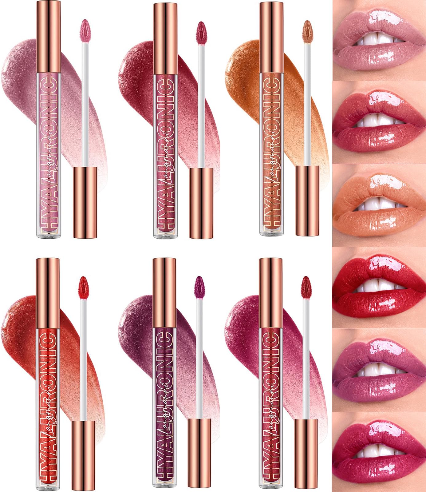 6Pcs Lasting Plump Lip Gloss Set,Hyaluronic Acid Crushed Sparkly Lipstick Gloss,Non-Sticky Moisturizing Full Color Lipstick Sets,High Shine Clear Looking for Women (A)