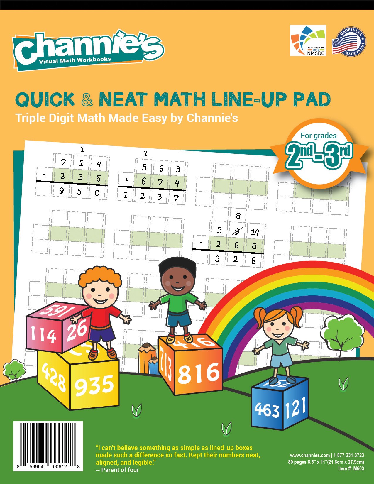 Channie's M603 Triple digit Math LineUp Pad Math Workbook, 2nd/3rd Graders