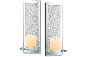 MAGFLERUM Wall Decor Living Room, Set of 2, Diamond Crystal Candle Holders, Sconces Wall Decor, Silver Mirrored Candle Sconces, Wall Decor Dining Room