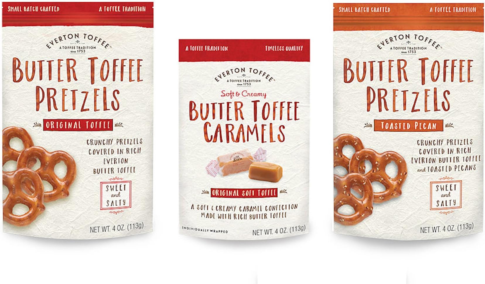 Everton Toffee Butter and Toasted Pecan Butter Toffee Pretzels and Butter Toffee Caramels Wrap(Bundle of 3) (Butter,Pecan Butter Toffee Caramels Wrap, 1 Pack)