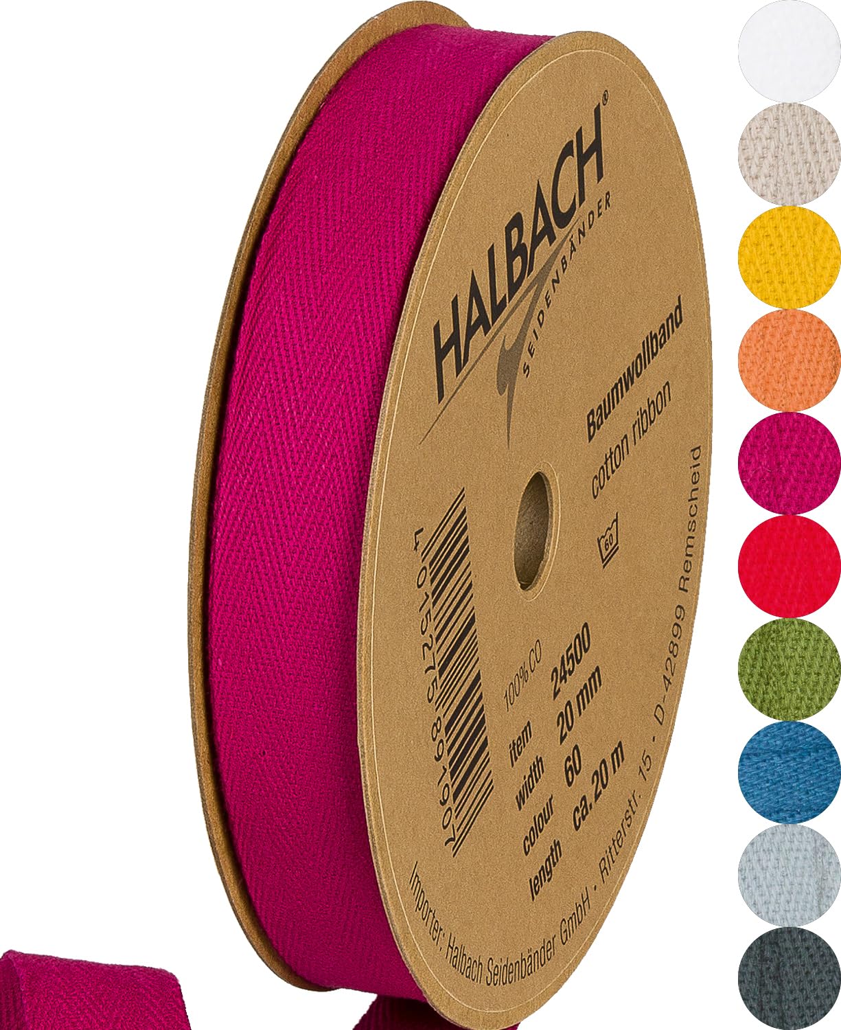 Halbach Seidenbender 100% Cotton Ribbon, 20mm x 20m, Pink, DIY Craft, Suitable for all Occasions